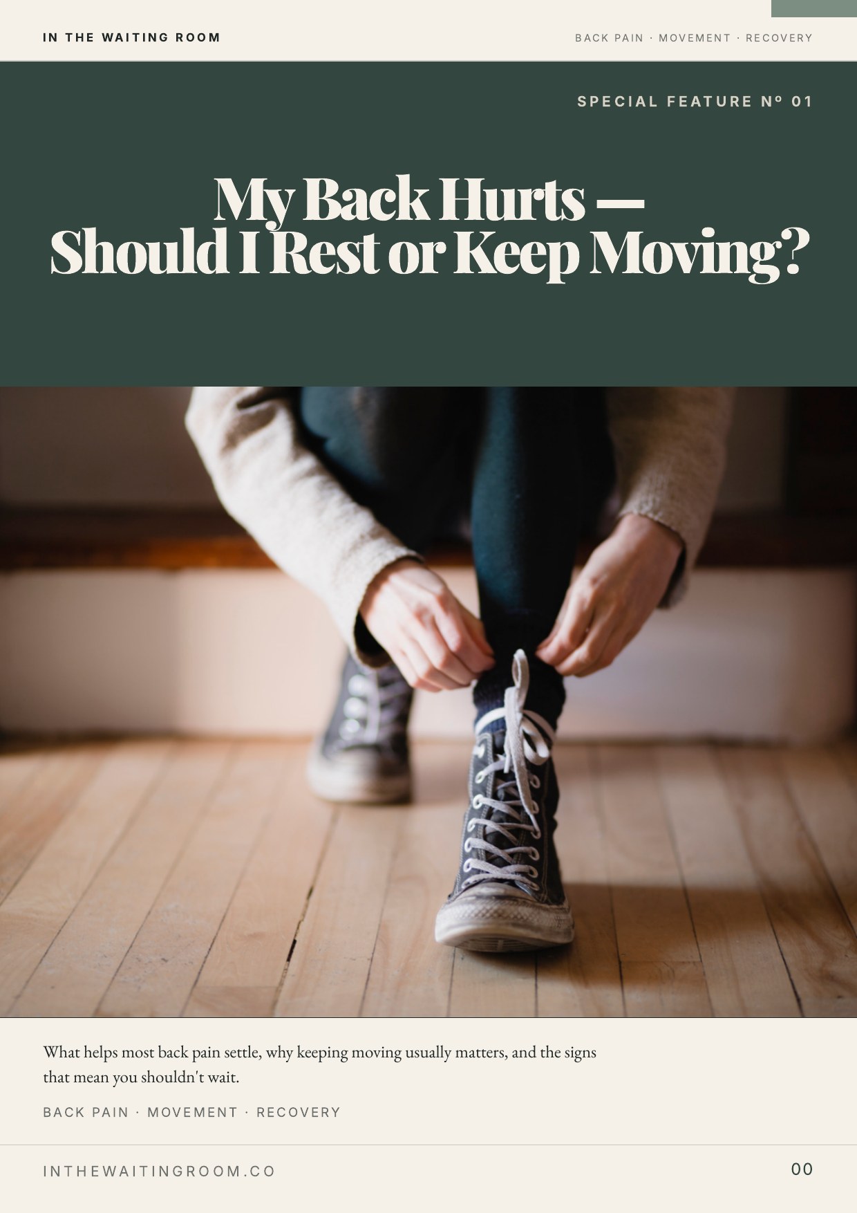 Cover of the In The Waiting Room back pain special feature — the words 'My Back Hurts — Should I Rest or Keep Moving?' above a person lacing their shoes on a wooden floor