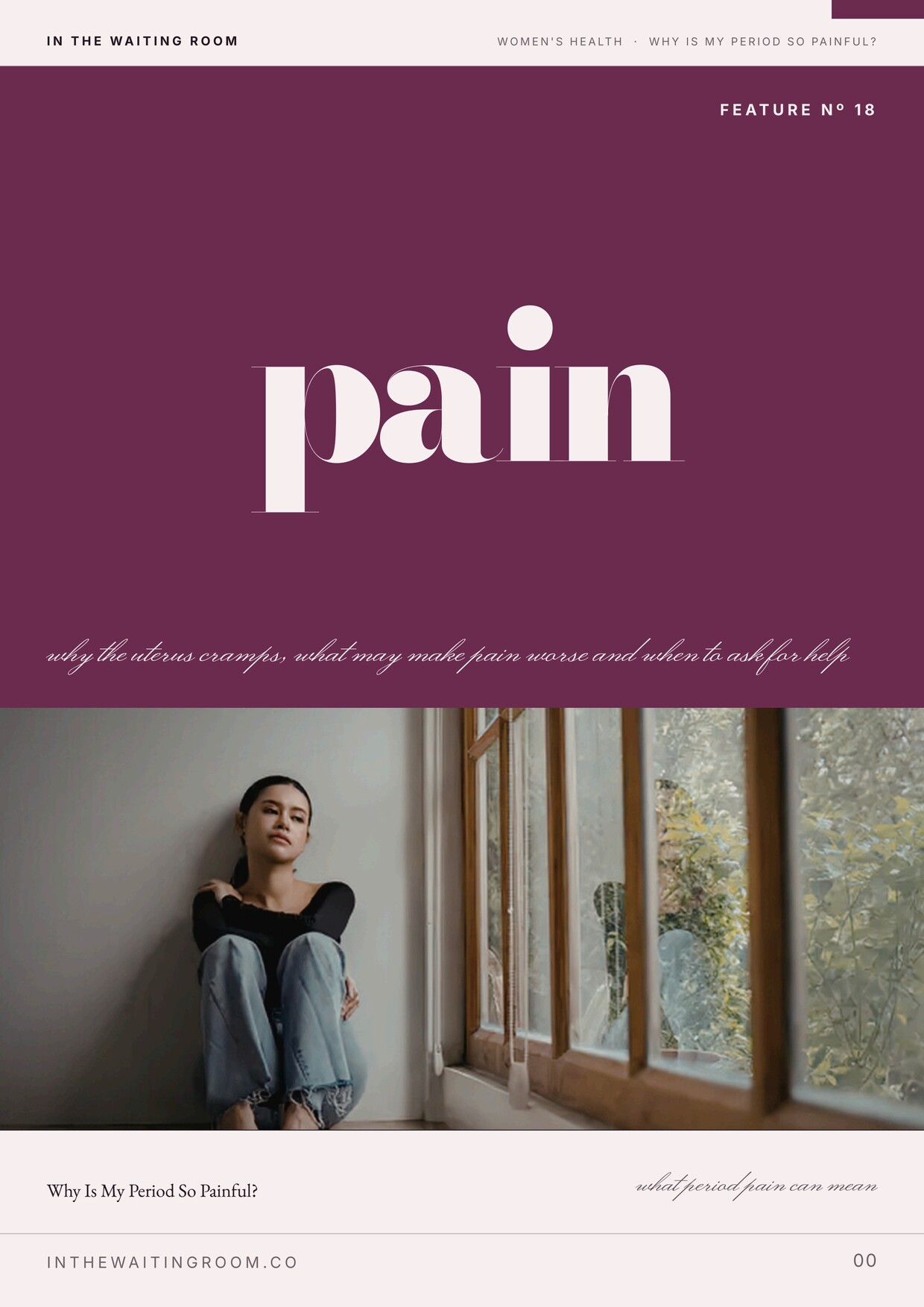 Cover of the In The Waiting Room feature “Why Is My Period So Painful?” — the word “pain” above a woman sitting quietly by a window