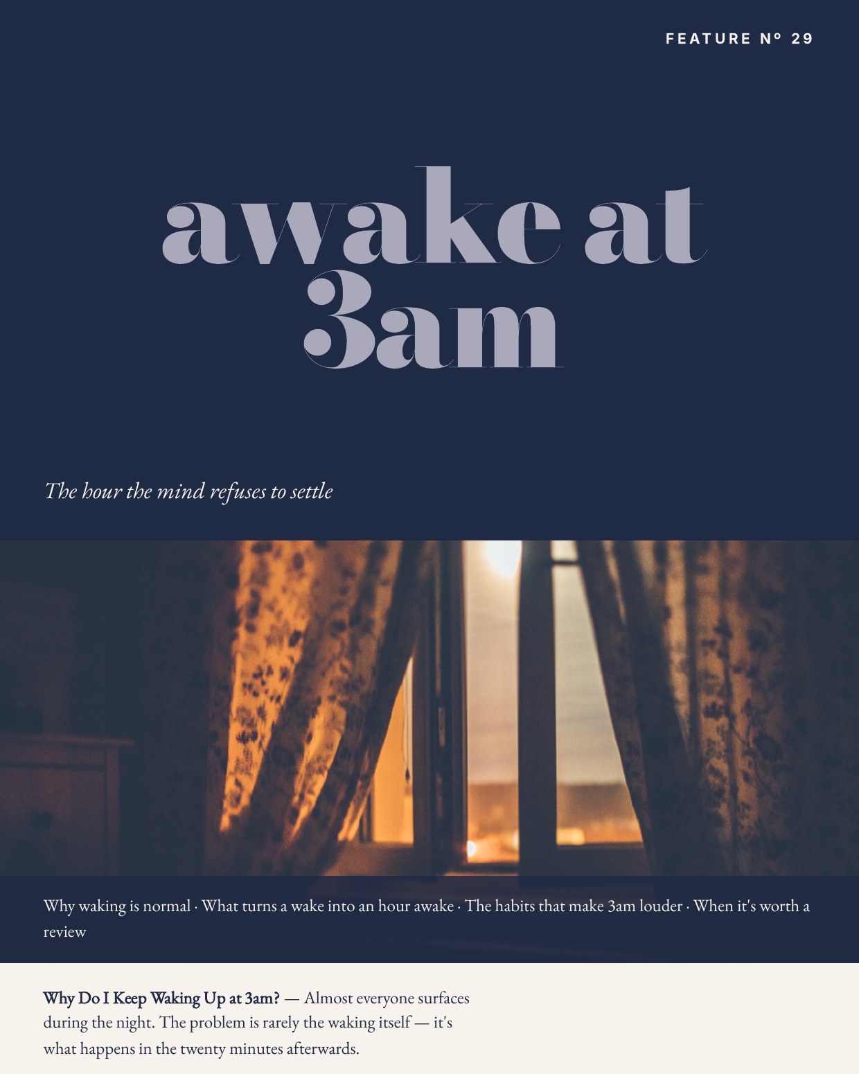 Cover of the In The Waiting Room feature “Why Do I Keep Waking Up at 3am?” — the words “awake at 3am” over a dark bedroom window at night