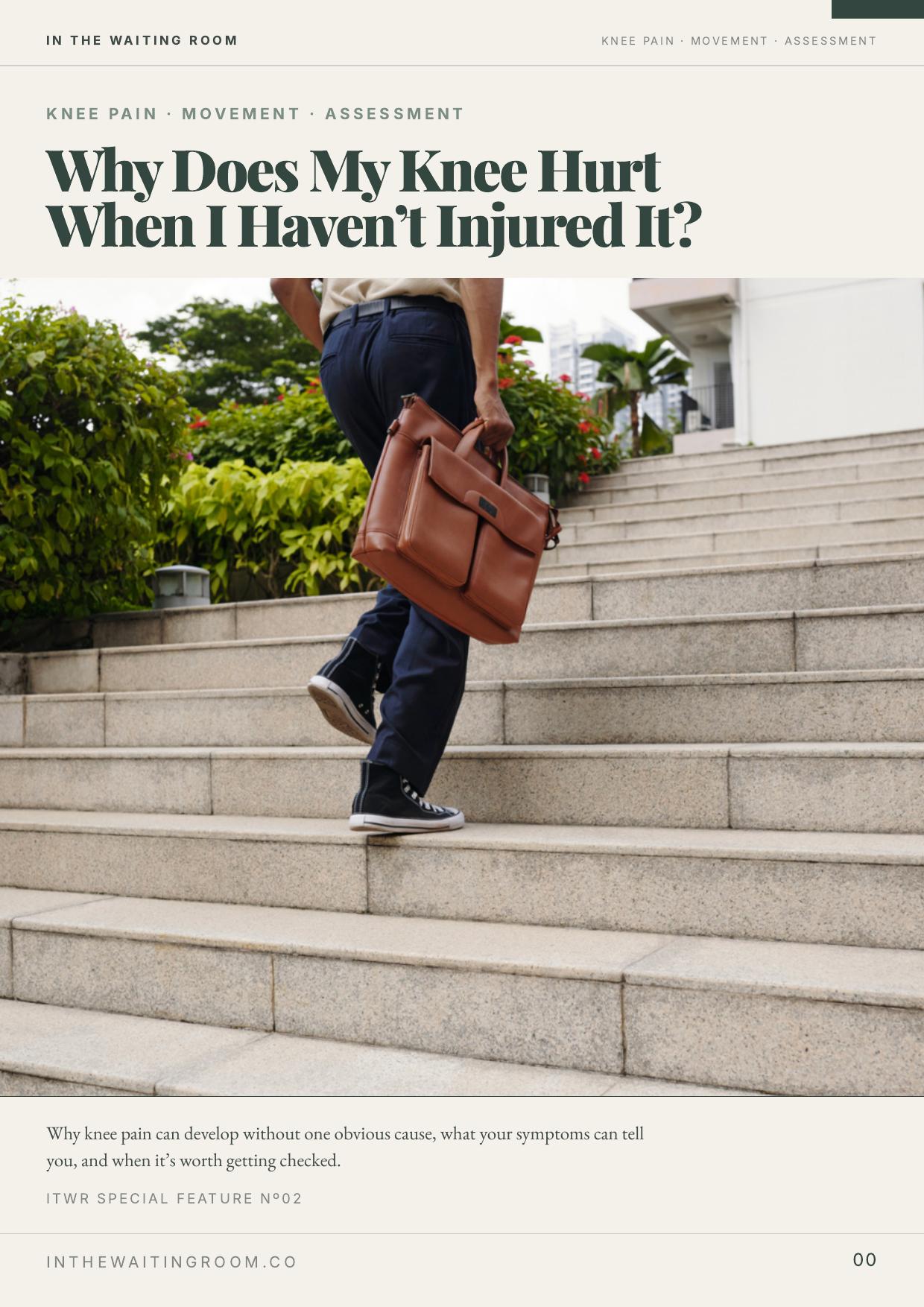 Cover of the In The Waiting Room knee pain special feature — the words 'Why Does My Knee Hurt When I Haven’t Injured It?' above a person walking up a flight of outdoor steps